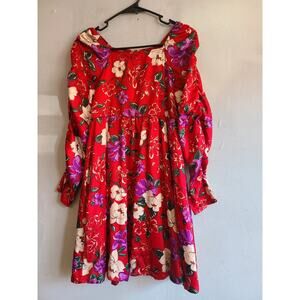 Girl's 14/16 XL long ruched sleeve red floral dress square neck Zac Posen